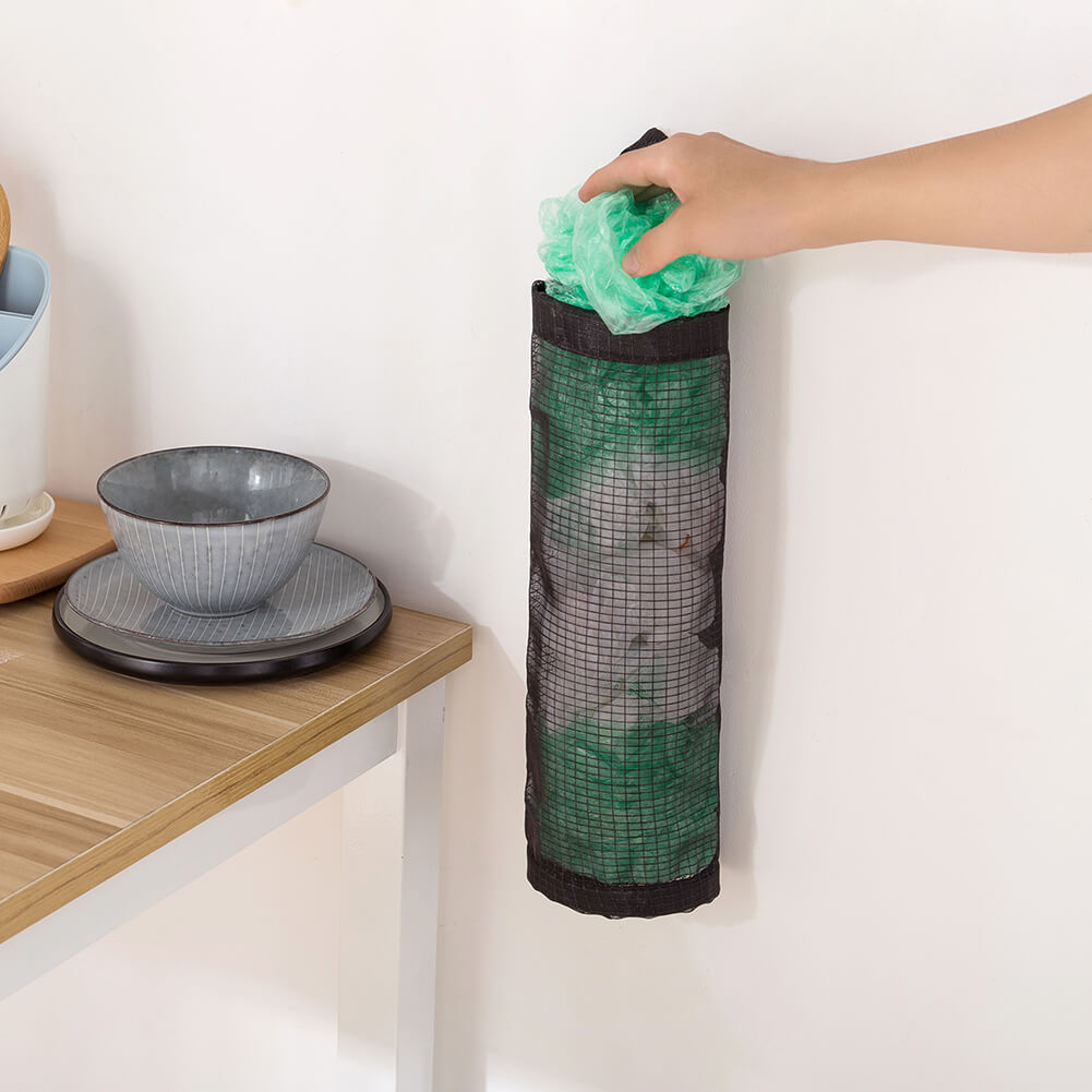 LINEVI Bag Holder for Plastic Bags, 2 Pcs Polyester Grocery Bag Holder Plastic Dispenser Foldable Breathable Washable Hanging Mesh Garbage Bag Organizer for Kitchen Plastic Bag Storage