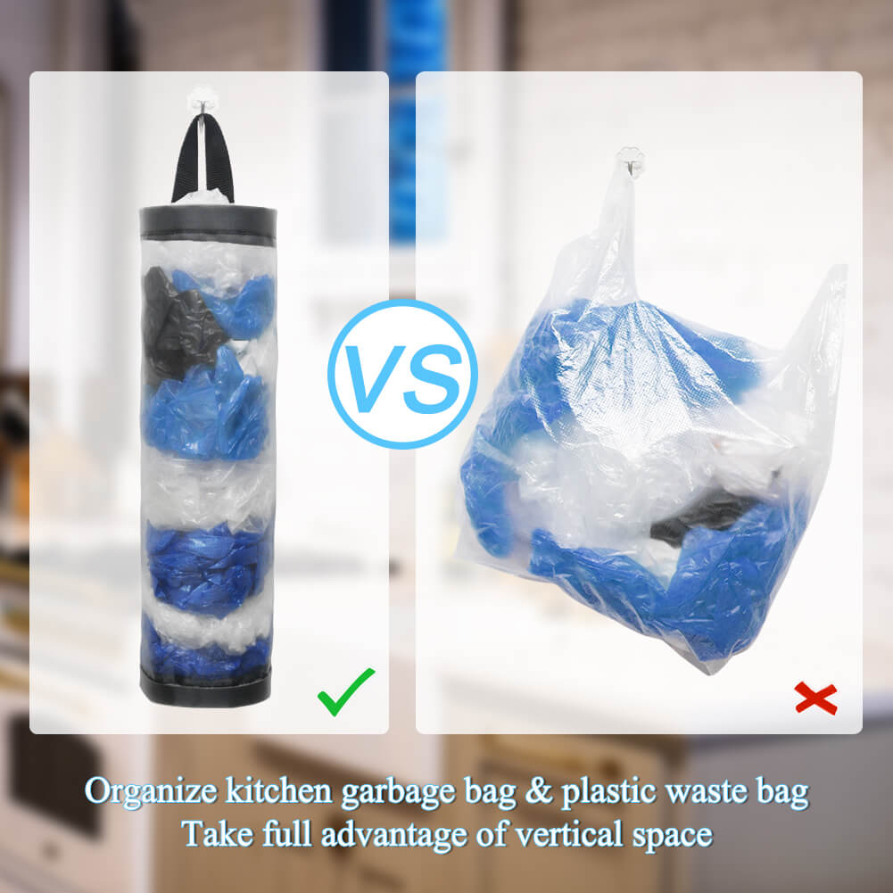 LINEVI Bag Holder for Plastic Bags, 2 Pcs Polyester Grocery Bag Holder Plastic Dispenser Foldable Breathable Washable Hanging Mesh Garbage Bag Organizer for Kitchen Plastic Bag Storage